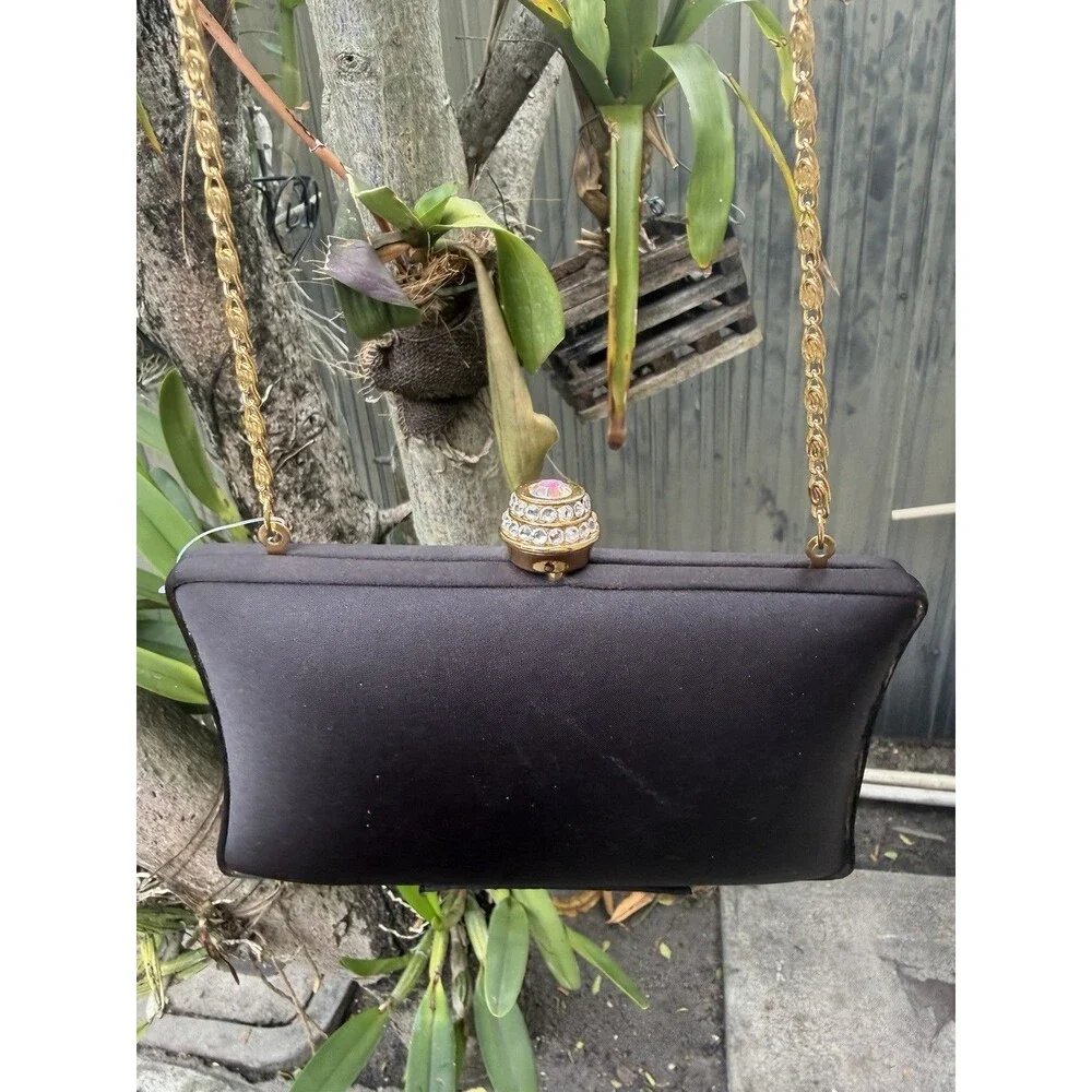 Vintage Carlo Pellini Black Satin Evening Clutch Purse Gold Chain Rhinestone